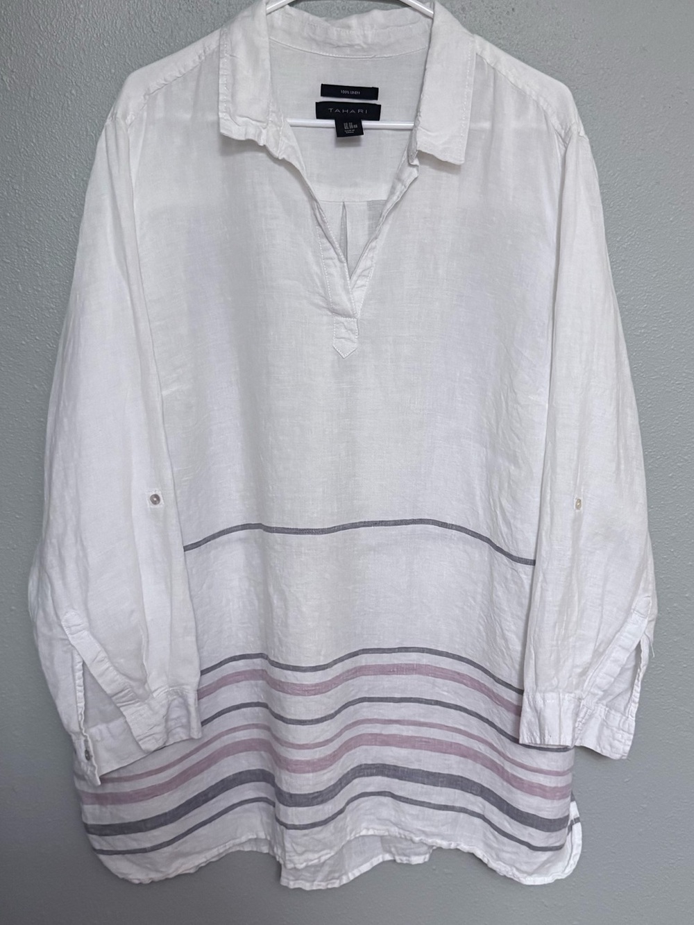 Tahari White V Neck Tunic with Pink & Gray Stripes, 100% Line, Roll Tab Sleeves